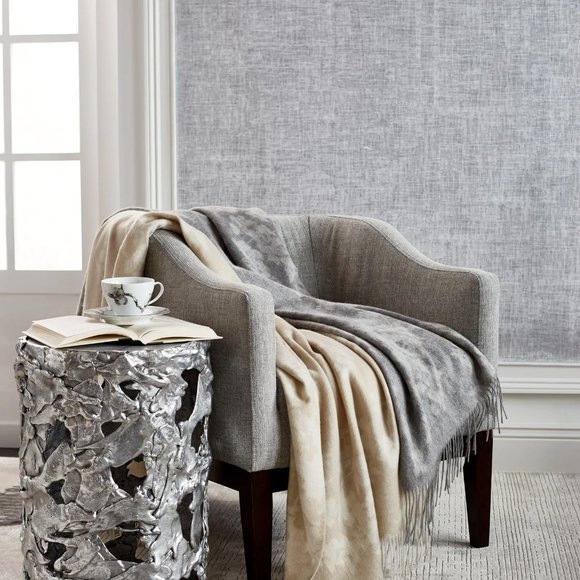 MICHAEL ARAM Orchid Fringe THROW Grey 100% Wool Floral 50 x 70 NEW $250 - Picture 2 of 10